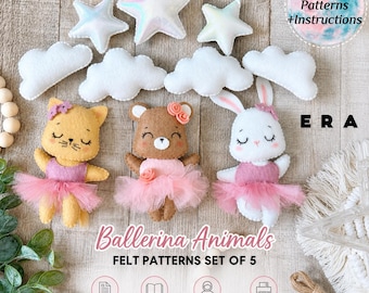 Ballerina Animals Felt Pattern PDF Set of 3. Bunny Cat Bear Sewing Pattern, Felt Animal Plush Template. DIY Toys/ Keychain/Mobile Nursery...