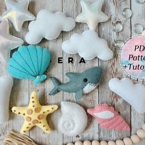 PDF-Nähanleitung Meerestiere Hai, 7 Stück aus Filz DIY Filz nähen Tiere Spielzeug, Baby mobile, Girlande, Ornament, Dekoration, Kinderzimmer.