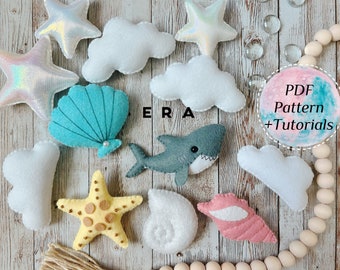PDF Pattern sea animals shark set of 7 felt sewing toys. DIY felt sewing animals toy, baby mobile, garland, ornament, decoration, nursery.