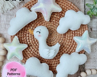 Duck set felt PDF Pattern. Easy sewing animal, star, cloud pattern. DIY farm animal felt toys, baby mobile, garland, nursery decor...