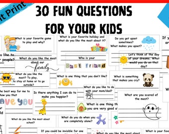 May include: A printable worksheet with 30 fun questions for kids. The questions are designed to help kids think about their favorite things, their dreams, and their feelings. The worksheet is decorated with colorful illustrations.
