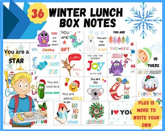 Notas de lancheira de inverno / Natal, trocadilhos de inverno, notas de Natal, cartões de afirmação positiva, notas de almoço para crianças, notas de lancheira para impressão