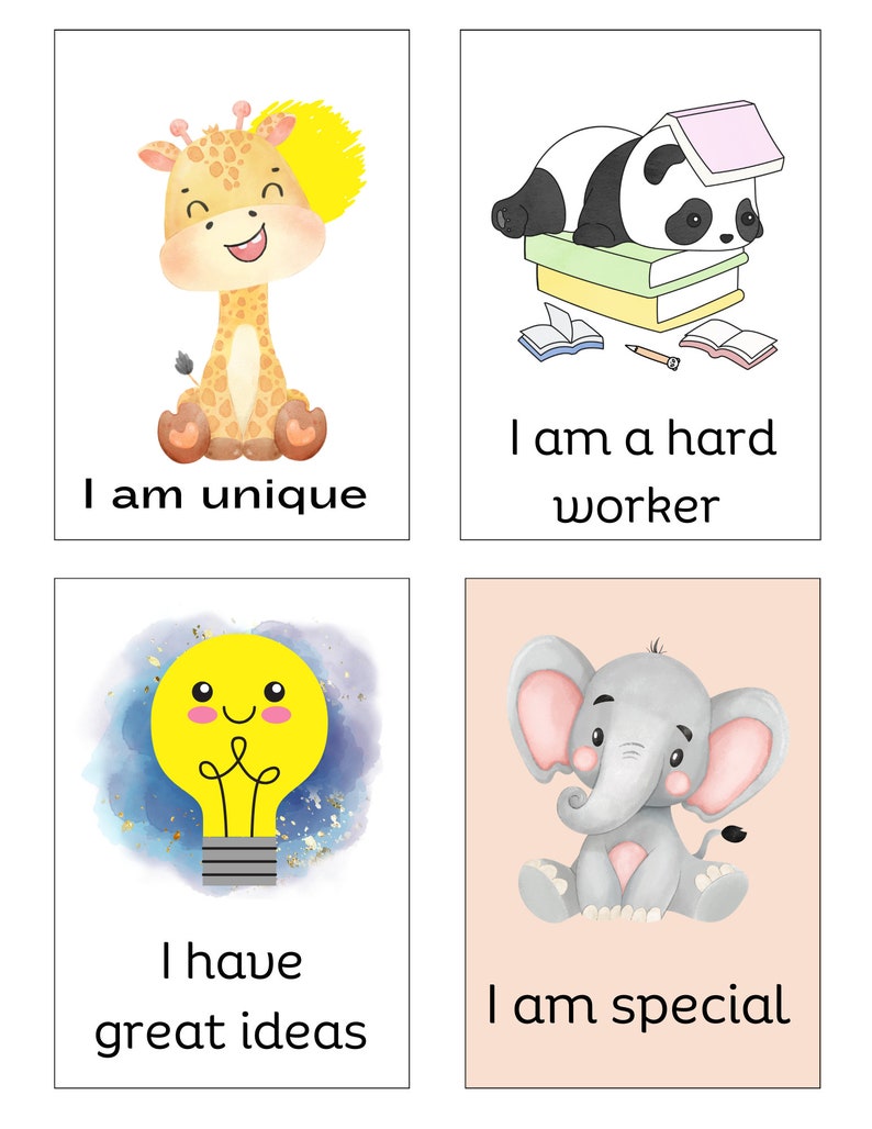 May include: Four colorful cards with illustrations of a giraffe, a panda, a light bulb, and an elephant. Each card has a positive affirmation written on it. The giraffe card says "I am unique". The panda card says "I am a hard worker". The light bulb card says "I have great ideas". The elephant card says "I am special".