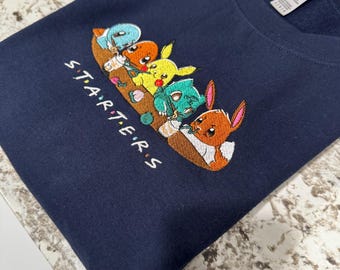 Starters embroidered T-shirt, Eevee T-shirt, Holiday sweatshirt, Bulbasaur embroidered Sweater, Cartoon Embroidered Shirt, Anime Embroidery