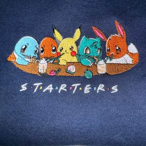 Starters embroidered T-shirt, Eevee T-shirt, Holiday sweatshirt, Bulbasaur embroidered Sweater, Cartoon Embroidered Shirt, Anime Embroidery