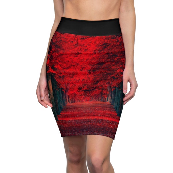 Red Nature Print Sexy Pencil Skirt, Womens Goth Clothing, Casual Office Wear for Her, Above the Knee Flirty Skirt, Ladies Botanical Bottom