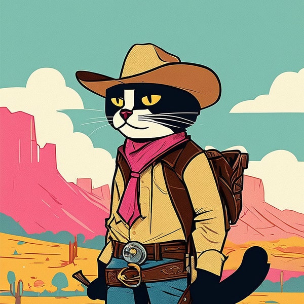 Cowboy Cat Digital Download, Cowboy Cat Design, Country Cat Art, Cartoon Cat Printout, Sly