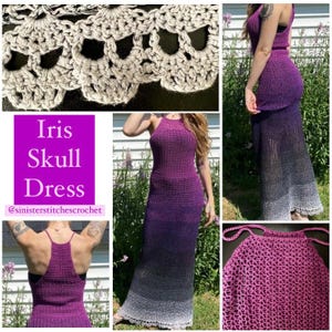 May include: A crochet dress with a skull pattern at the hem. The dress is a gradient of purple and black, with a white crochet trim at the bottom. The dress is sleeveless and has a halter neckline. The dress is called "Iris Skull Dress" and the creator is @sinisterstitchescrochet.