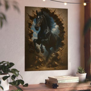 Trompe l&#39;oeil painting - Thoroughbred Black Horse emerging from a wall - Equestrian wall art