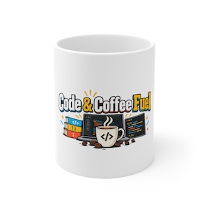 Puede incluir: Una taza de cerámica blanca con un gráfico colorido y el texto Code & Coffee Fuel. El diseño incluye una computadora portátil con código, una pila de tres libros, una taza de café humeante con un símbolo de código y granos de café.