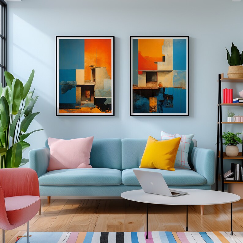 Abstract Architectural Art Prints Set: Blue & Orange Geometric Wall ...
