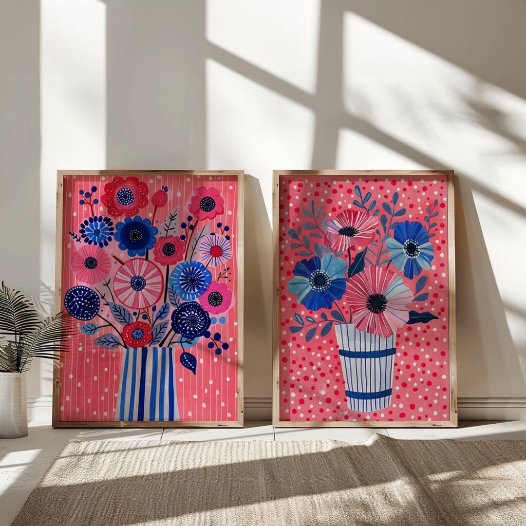 Floral Botanical Print Set: Pink Flower Wall Art (digital Download) - Etsy