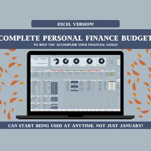 May include: A laptop screen displaying a complete personal finance budget spreadsheet with pie charts and financial data tables. The background is light blue with a pattern of orange and brown autumn leaves. Text reads EXCEL VERSION!