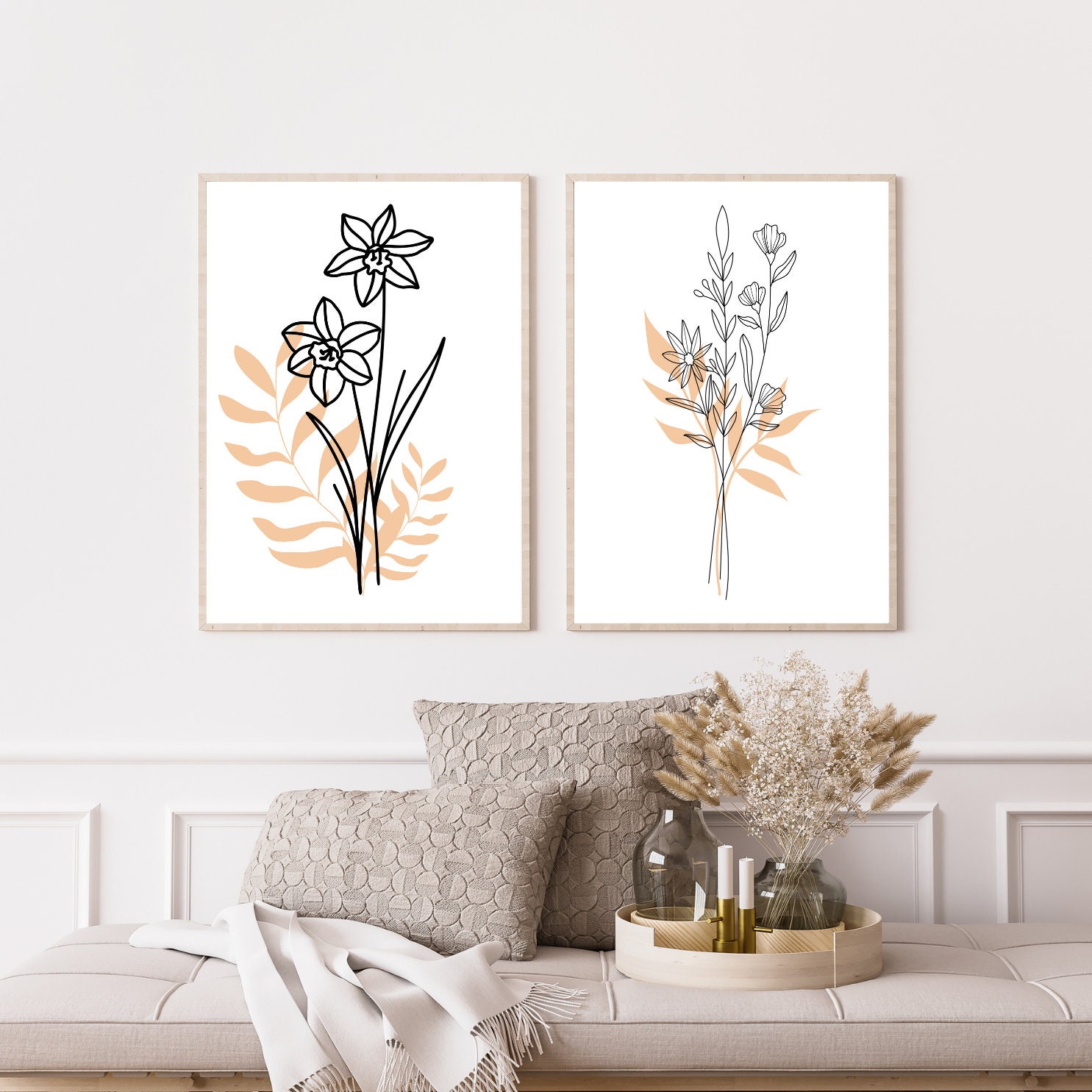 Printable Beige Minimalist Floral Wall Art Set of Two Etsy
