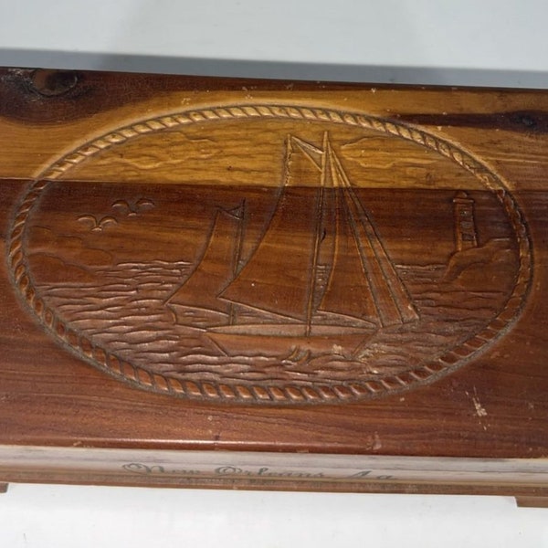 Wooden Trinket Box Hinged Dovetail Construction New Orleans Sail Boat Engraving