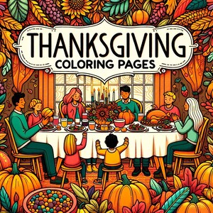 Puede incluir: Una página para colorear de Acción de Gracias que muestra a una familia reunida alrededor de una mesa preparada para una comida festiva. La mesa está decorada con follaje de otoño y calabazas. Los miembros de la familia sonríen y disfrutan de la compañía del otro. El texto "Thanksgiving Coloring Pages" se muestra en la parte superior de la página.