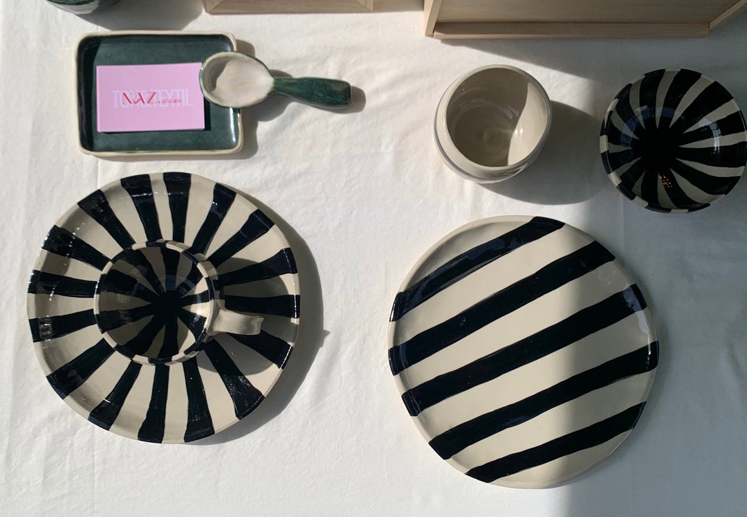 Striped Dishes in Black and White Plates Etsy