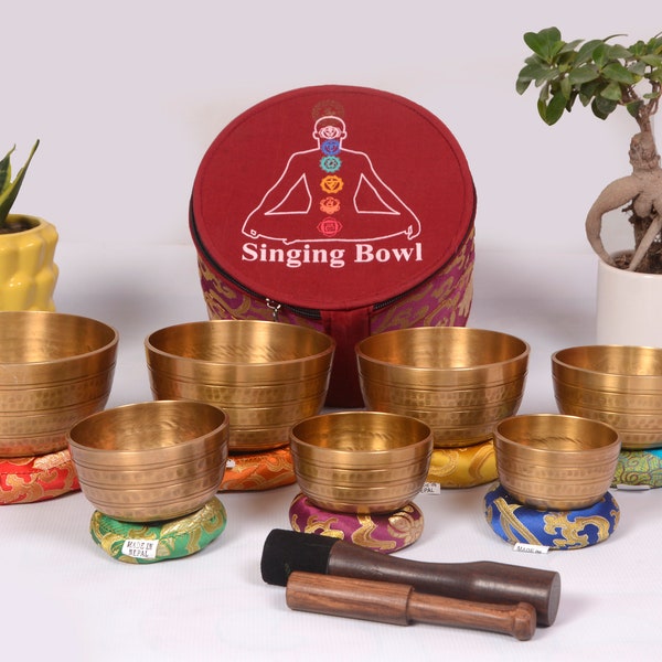 Klangschalen 7er Set Pituwa Schalen aus Nepal gefertigt hochwertige tibetische Thado-Schale für Meditation und Chakra Heilung