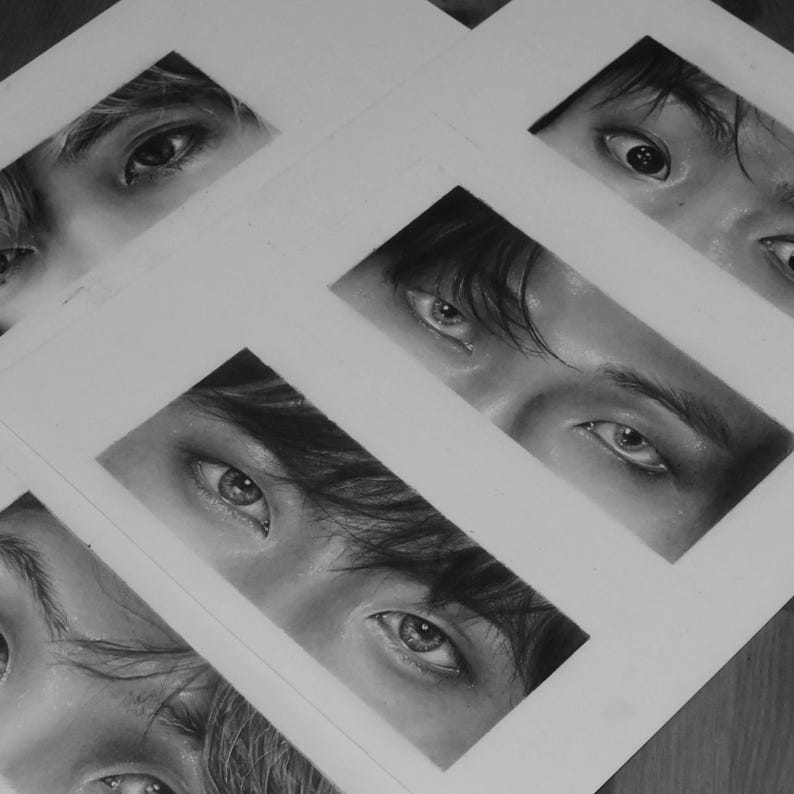 Puede incluir: Primer plano de cinco dibujos a l&aacute;piz en blanco y negro de ojos. Cada ojo est&aacute; enmarcado en un rect&aacute;ngulo blanco.