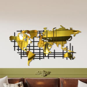 Wereldkaart metaal ingelijst plexiglas moderne spiegel wanddecoratie, kantoormuurkunst, kaart van het leven kunst aan de muur, kompas decor, moderne studeerkamer kunst aan de muur