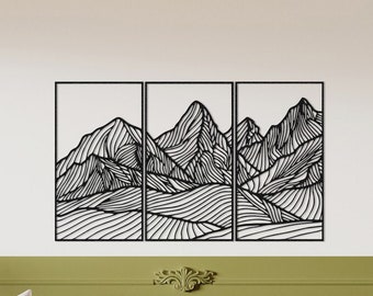 Mountain Landscape Metal Wall Art: Modern Boho Home Decor, Set of 3