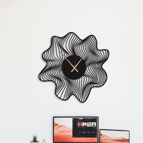 Wavy Black Large Metal Wall Clock, Modern Minimalist Wall Clock, Aesthetic Design, Wanduhr, Horloge Murale, Housewarming Gift, Silent Clock
