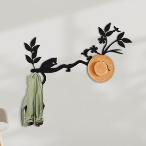 Cat and Bird Metal Wall Hanger: Modern Coat Rack, Entryway Decor