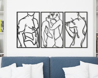 LGBT Gay Couple  Set of 3 Metal Wall Decor, Kissing Gay Line Art, Anniversary Gift, Black Metal Art, Hot Couple, Home and Living, Sign