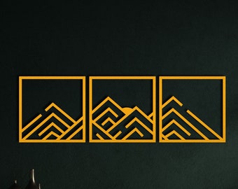 Set of 3 Geometric Mountain Metal Wall Art: Modern Nature Decor