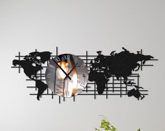 World Map Metal Wall Clock: Modern Abstract Office Decor