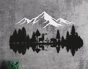 Bergwald Metallwanddekor, Blick auf die Yard-Gebirgskette, Natur- und Walddekorationen im Freien, Geschenk für Wildtierliebhaber, großer Hügelbaumdekor