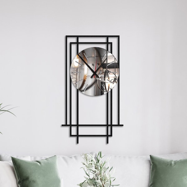 Horloge murale détaillée en plexiglas minimaliste moderne, TRÈS GRANDE horloge murale noire avec miroir en plexiglas, horloge longue silencieuse au design unique