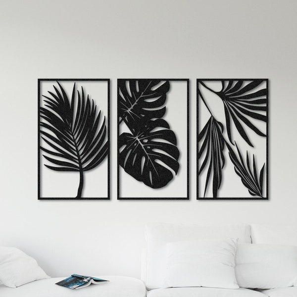 3er Set Tropische Blätter Metall Wanddekor, Palmenblatt Moderne Metall Wandkunst, Einzigartiges Design, Botanische Natur Wanddekor, Wandkunst Ideen, Kunst
