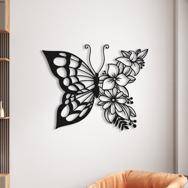 Metal Butterfly Wall Decor, Flowers Wings Metal Art, Floral Nature Sculpture, Animal Lover Design, Office Outdoor Sign, Housewarming Gift