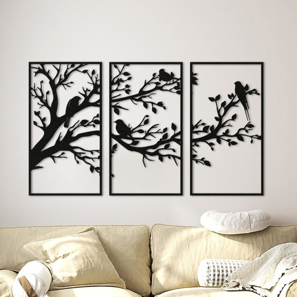 Baum des Lebens Metall Wand-Dekor, Vögel und Ast Metall Baum Wandkunst, Set von 3 Stück Metall Wand-Dekor, Eingang Dekoration, Wandbehänge