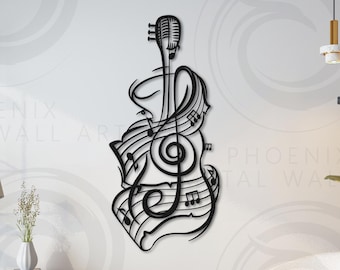 Op de afbeelding: Zwarte metalen wandkunst met een muzikaal thema. Het ontwerp toont een gestileerde gitaarvorm met muzieknoten, een G-sleutel en een microfoon. Het kunstwerk is op een witte muur gemonteerd, wat een opvallend contrast creëert.