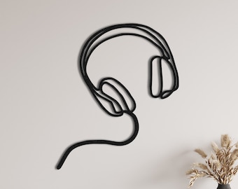 Headphone Line Art, Metal Handmade Decoration for Home Office Studio, Decor Sign for Music Lover Gift Idea, Over Ear Headphones, Wall Sign