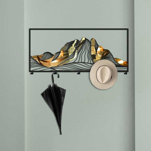 Framed Abstract Mountain and Forest Plexiglass Coat Rack Wall Mount Hanger, Clothes Rack, Entryway Organizer, Umbrella Rack, Hat Hanger