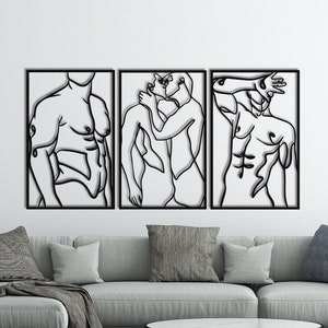 Set of 3 Kissing Men Metal Wall Decor, LGBT Gay Line Art, Gay Anniversary Gift, Black Metal Art, Hot Couple, Bedroom Design, Home Deco, Art