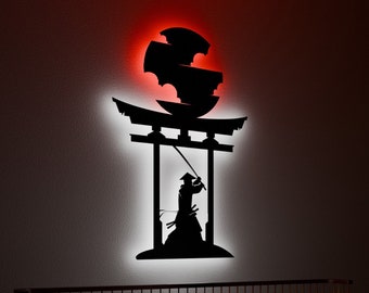 Samurai Lampada con insegna a LED Decorazione da parete, Luce notturna in metallo, Decorazione della caverna dell'uomo, Regalo per il fidanzato, Decorazione da parete, Arte da parete illuminata di lusso, Cultura giapponese