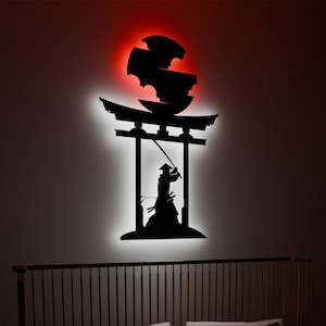 Samurai LED Wall Decor: Metal Night Light, Japanese Art