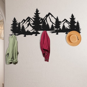 Gift for Mom, Mountain and Forest Coat Rack Wall Mount Rack, Clothes Hanger, Entryway Organizer, Birthday Gift, Home Decoration, Metal Decor