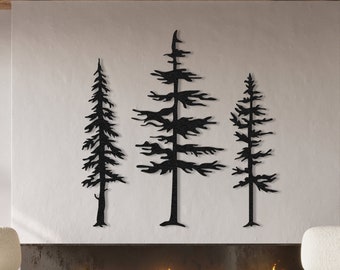 Set of 3 Pine Tree Metal Wall Art: Nature Forest Decor