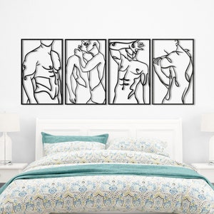 Set of 4 Man Line Art Metal Wall Decor: Minimalist Bedroom Art