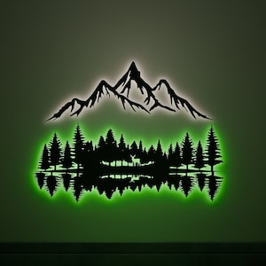 Insegna d'arte in metallo di montagna e foresta, decorazione illuminata di insegna in metallo di montagna, arte di insegna in montagna multi colori, regalo di arte della parete a led, regalo di inaugurazione della casa