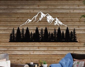 May include: A black metal wall decor featuring a silhouette of a mountain range with a forest of pine trees in front. The mountain range is white and the trees are black. The decor is mounted on a wood wall.