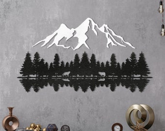 Berg und Wald große Metall Wandkunst, Natur und See Wanddekor, Snowy Hill Wandbehänge, Metall Baum Wandkunst, Veranda Dekoration