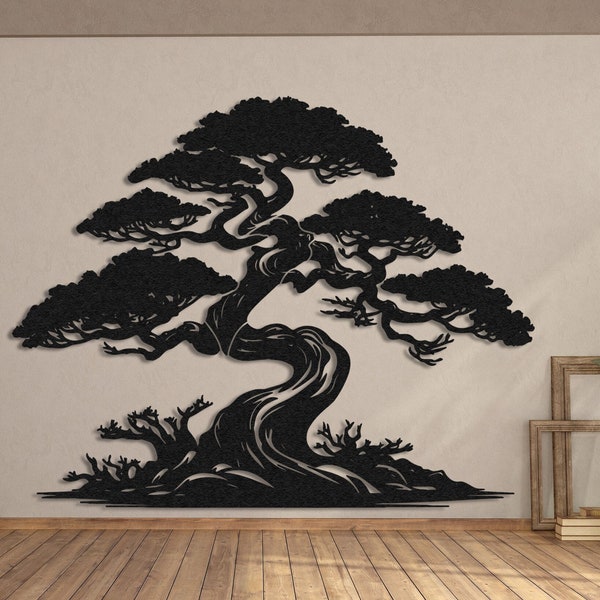 Übergroße Metallkiefernbaum-Wanddekoration, Bonsai-Metallwandkunst, Naturliebhabergeschenk, Kamindekor, Zweigwanddekor, Bauernhausdekor