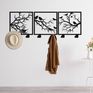 Conjunto de 3 pájaros en la rama percha de pared de perchero extra grande, ganchos de pared de metal, perchero moderno, organizador de entrada, perchero estético