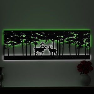 Letrero de arte de metal de montaña y ciervo, decoración de letrero de metal de montaña iluminada, arte de letrero de bosque multicolor, regalo de arte de pared LED, regalo de inauguración de la casa